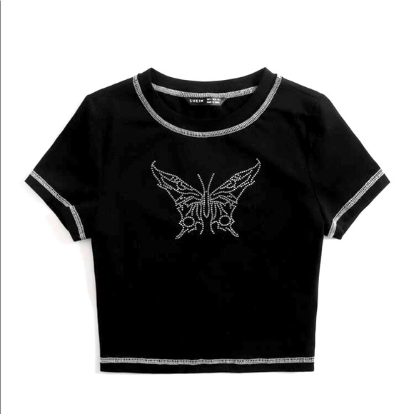 Cropped black bedazzled butterfly top - Picture 1 of 3